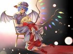  ankle_socks bad_id bad_pixiv_id bat_wings blonde_hair blue_hair bow chair closed_eyes flandre_scarlet gradient gradient_background hand_on_another's_head hat hat_ribbon head_rest herr_meer highres kneeling light_particles looking_at_another mary_janes mob_cap multiple_girls on_lap pointy_ears puffy_short_sleeves puffy_sleeves red_eyes remilia_scarlet ribbon shoes short_hair short_sleeves siblings sisters sitting skirt skirt_set slit_pupils smile touhou wings 
