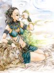  andou_miki animal armlet bracelet brown_hair closed_eyes eyeshadow full_body jewelry kawatsuki legs lion long_hair makeup midriff nail_polish navel outdoors ponytail real_life revealing_clothes ring sleeping snake solo stomach 