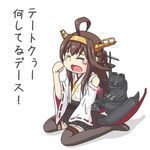  ahoge boots braid brown_hair closed_eyes crying detached_sleeves hairband japanese_clothes kantai_collection kongou_(kantai_collection) machinery nontraditional_miko open_mouth sitting solo tears thigh_boots thighhighs translated turret wide_sleeves yunkaasu_(kakushiaji) 
