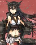  bare_shoulders black_hair blush breasts elbow_gloves fingerless_gloves gloves hair_ornament hairband headgear kantai_collection long_hair looking_at_viewer medium_breasts nagato_(kantai_collection) navel red_eyes skirt solo standing stomach thighhighs umasanjin 