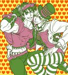  bow bowtie caesar_anthonio_zeppeli cape fingerless_gloves gloves hat jojo_no_kimyou_na_bouken joseph_joestar_(young) matsuda65 midriff multiple_boys one_eye_closed pants striped striped_pants top_hat visor 