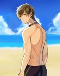  beach brown_hair free! goggles goggles_around_neck green_eyes looking_back male_focus nonhomo_gyunyu shirtless smile solo swimsuit tachibana_makoto 