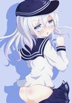  ass bad_id bad_pixiv_id blue_eyes blush hat hibiki_(kantai_collection) highres kantai_collection long_hair looking_back no_panties onsen_tamago_(onnsenn) open_mouth school_uniform serafuku silver_hair skirt skirt_pull solo 