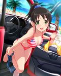  :d artist_request barefoot beach bikini black_hair breasts car car_interior cleavage clothes_writing day denim denim_shorts english green_eyes ground_vehicle hair_ornament hair_scrunchie harada_miyo idolmaster idolmaster_cinderella_girls medium_breasts motor_vehicle official_art open_mouth print_scrunchie raglan_sleeves scrunchie shirt_removed short_hair short_ponytail shorts shorts_around_one_leg smile solo star star_print striped striped_bikini swimsuit undressing 