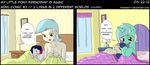  amber_eyes bed blue_hair bonbon_(mlp) breasts comic dialog english_text equine eyes_closed female feral frankier77 friendship_is_magic fur green_fur hair horn horse human humanized lamp long_hair lying lyra_(mlp) lyra_heartstrings_(mlp) mammal my_little_pony on_back on_side open_mouth pillow pony sitting sleeping smile square_crossover text tongue two_tone_hair unicorn yellow_eyes 