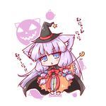  :&lt; alternate_costume animal_ears blue_eyes cape cat_ears chibi hair_ribbon halloween hat jack-o'-lantern long_hair moon neko_yume open_mouth patchouli_knowledge purple_hair ribbon solo star touhou wand witch witch_hat 