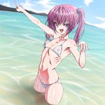  1girl bikini blush breasts female inagaki looking_at_viewer nana_asta_deviluke navel nipples ocean open_mouth outdoors purple_eyes purple_hair see-through small_breasts smile solo standing swimsuit to_love-ru twintails water wet 