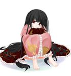  barefoot black_hair hands_in_opposite_sleeves holding_legs houraisan_kaguya japanese_clothes kimono long_hair lycee62 red_eyes solo touhou very_long_hair wide_sleeves 