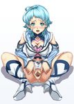  1girl al-3_alice bare_shoulders blue_eyes blue_hair blush breasts censored highres large_breasts mosaic_censoring no_panties open_mouth pussy pussy_juice shunzou simple_background sitting solo spread_legs spread_pussy super_robot_wars super_robot_wars_l sweat 