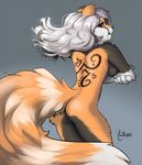  back back_turned blue_eyes breasts butt female fluffy_tail hair long_hair looking_back mammal nude red_panda redd side_boob silver_hair solo tattoo xanthippos 