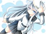  adjusting_clothes adjusting_hat belt black_legwear blue_eyes blue_hair blush hat hibiki_(kantai_collection) kantai_collection long_hair pleated_skirt pochi07 school_uniform skirt smile solo thighhighs verniy_(kantai_collection) 