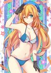  aqua_eyes atago_(kantai_collection) bikini black_gloves blonde_hair breasts cleavage gloves hand_on_thigh hat kantai_collection long_hair medium_breasts navel one_eye_closed salute smile solo strap_gap swimsuit wings zonana 