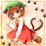  animal_ears brown_eyes brown_hair cat_ears cat_tail chen earrings fang hat heart heart_tail jewelry looking_at_viewer multiple_tails open_mouth paw_pose ribbon short_hair sitting solo tail touhou wariza yosikazu0720 