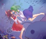  air_bubble anglerfish animal barefoot blue_eyes blue_skirt blush brown_hair bubble detached_sleeves diving eye_contact fish floating_hair frog_hair_ornament from_side green_hair hair_ornament hair_ribbon hakurei_reimu hoki_(hokiapril) interlocked_fingers jellyfish kochiya_sanae looking_at_another multiple_girls profile red_eyes ribbon ribbon-trimmed_sleeves ribbon_trim skirt snake_hair_ornament toes touhou underwater water yuri 