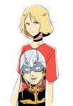  1girl absurdres blonde_hair bossan-chan char_aznable gundam highres mobile_suit_gundam sayla_mass shirt short_hair t-shirt 