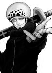 absurdres bad_id bad_pixiv_id beard earrings facial_hair foreshortening greyscale hat highres jewelry male_focus monochrome one_piece outstretched_hand sheath sheathed smile solo sword toro_(6636) trafalgar_law weapon white_background 