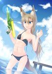  alternate_hairstyle animal_ears bikini blue_eyes brown_hair dock dreadtie dutch_angle fang flat_chest fox_ears fox_tail highres long_hair navel nipples ocean original side-tie_bikini solo svetlana_nestrovna_sorokina swimsuit tail very_long_hair wading wardrobe_malfunction water water_gun wet 