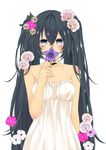  absurdres akamata alternate_eye_color alternate_hair_color bare_shoulders black_hair blue_eyes blush dress flower hair_flower hair_ornament hatsune_miku highres long_hair simple_background solo twintails very_long_hair vocaloid white_background 