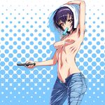  1girl armpits breasts brown_eyes female funami_yui highres inagaki looking_at_viewer mound_of_venus mouth_hold navel nipples older popsicle purple_hair short_hair solo standing topless towel unbuttoned wet yuru_yuri 