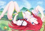  blue_eyes bow braid breasts chinese_clothes cleavage hat hong_meiling kittona large_breasts long_hair lying on_back red_hair skirt skirt_set solo star touhou twin_braids 