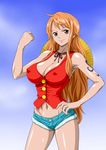  1girl armpits bare_shoulders breasts brown_eyes cleavage cosplay covered_nipples erect_nipples hand_on_hip hat highres hips large_breasts legs long_hair looking_at_viewer midriff nami nami_(one_piece) navel nel-zel_formula one_piece orange_hair shiny shiny_skin short_shorts shorts simple_background smile solo standing straw_hat tattoo thighs 