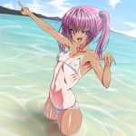  1girl bikini blush breasts female inagaki looking_at_viewer nana_asta_deviluke navel nipples ocean open_mouth outdoors purple_eyes purple_hair see-through small_breasts smile solo standing swimsuit tan tanline to_love-ru twintails water wet 