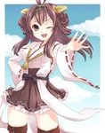  ;d bare_shoulders black_legwear blue_sky blush boots breasts brown_eyes brown_hair cloud day detached_sleeves double_bun frilled_skirt frills hair_ornament hairband headgear hiyosuke_(ak_love) japanese_clothes kantai_collection kongou_(kantai_collection) long_hair medium_breasts nontraditional_miko one_eye_closed open_mouth ribbon-trimmed_sleeves ribbon_trim skirt sky smile solo thigh_boots thighhighs 