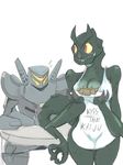  blush breasts claws clothing female food fork jaeger kaiju machine mechanical otachi pacific_rim plain_background robot sitting striker_eureka teeth unknown_artist white_background 