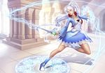  blue_eyes cropped_jacket fighting_stance high_collar long_hair magic_circle myrtenaster ponytail rapier rwby sash skirt solo sword very_long_hair weapon weiss_schnee white_hair zola_chen 