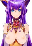  blue_eyes breastless_clothes breasts detached_sleeves large_breasts long_hair looking_at_viewer nipples purple_hair smile solo twintails ueda_torini white_background 