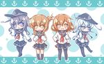  akatsuki_(kantai_collection) anchor black_hair blue_eyes blue_hair brown_eyes brown_hair fang folded_ponytail hair_ornament hairclip hat hibiki_(kantai_collection) ikazuchi_(kantai_collection) inazuma_(kantai_collection) kantai_collection looking_at_viewer multiple_girls neko_yume open_mouth pantyhose pleated_skirt purple_hair school_uniform serafuku skirt thighhighs yellow_eyes 