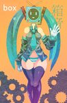  1girl bare_shoulders black_legwear breasts english hatsune_miku highres hips navel necktie object_head orange_background panties phyrexia_c simple_background smile solo standing striped striped_panties thick_thighs thighhighs thighs twintails underwear vocaloid waving wide_hips 