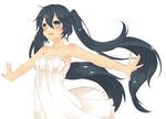 akamata alternate_eye_color alternate_hair_color bare_shoulders black_hair blue_eyes blush dress hatsune_miku highres long_hair simple_background smile solo twintails very_long_hair vocaloid white_background 