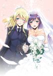  ayase_eli black_hair blonde_hair blush collarbone cowboy_shot dress feathers formal interlocked_fingers jewelry layered_dress lens_flare love_live! love_live!_school_idol_project multiple_girls necklace one_eye_closed ponytail suit takano_saku tiara toujou_nozomi tuxedo veil wedding wedding_dress wife_and_wife yuri 