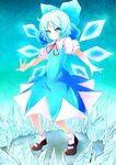  absurdres ahoge baba_(baba_seimaijo) blue_eyes blue_hair bow cirno hair_bow highres ice ice_wings mary_janes shoes short_hair solo touhou wings 