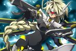  blade blazblue blazblue:_continuum_shift blonde_hair bodysuit floating_swords lambda-11 long_hair mecha_musume puchi-pochi solo visor 