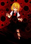  asameshi black_skirt blonde_hair darkness evil_smile fang hair_ribbon necktie red_background red_eyes ribbon rumia short_hair short_sleeves skirt smile smirk touhou vest 