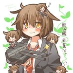  &gt;_&lt; bad_id bad_twitter_id blazer blush brown_hair chibi chibi_on_head closed_eyes drooling jacket kantai_collection loose_necktie lowres machinery messy_hair multiple_views necktie on_head open_collar open_mouth rebecca_(keinelove) short_hair sleeping smile translated turret wakaba_(kantai_collection) yellow_eyes 