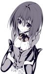  blush bow breasts long_hair medium_breasts monochrome nipples open_clothes open_shirt original oryou shirt sitting solo spot_color thighhighs v_arms wariza zettai_ryouiki 