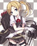  berukko blonde_hair blush cannon checkered checkered_background gloves hair_ornament kantai_collection long_hair maikaze_(kantai_collection) school_uniform side_ponytail skirt smile solo torpedo turret vest white_gloves 