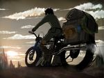  back bad_id bad_pixiv_id brough_superior cloud ground_vehicle hermes kino kino_no_tabi lens_flare motor_vehicle motorcycle scenery short_hair sky sleeping_bag suitcase sun ygg 