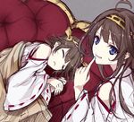  bare_shoulders berukko blanket blue_eyes blush brown_hair closed_eyes couch detached_sleeves double_bun finger_to_mouth hair_ornament hairband headgear hiei_(kantai_collection) japanese_clothes kantai_collection kongou_(kantai_collection) long_hair multiple_girls nontraditional_miko short_hair shushing sleepy smile 