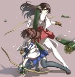  aircraft airplane akagi_(kantai_collection) aldehyde arrow back-to-back black_hair bow_(weapon) brown_eyes brown_hair fingerless_gloves gloves highres kaga_(kantai_collection) kantai_collection long_hair long_sleeves looking_at_viewer looking_back md5_mismatch multiple_girls muneate ponytail quiver shirt single_glove skirt thighhighs weapon white_legwear wide_sleeves zettai_ryouiki 