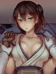  admiral_(kantai_collection) blush breasts brown_eyes brown_gloves brown_hair cleavage collarbone flying_sweatdrops gloves inkwell japanese_clothes kaga_(kantai_collection) kantai_collection kimono large_breasts looking_at_viewer lying on_back out_of_frame pov pov_hands sash short_hair side_ponytail solo_focus walzrj white_gloves wrist_grab yukata 