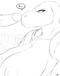  anthro areola bald big_breasts boop breasts dinosaur duo erect_nipples erection female frown huge_breasts male monochrome nipples nude penis scalie slypon unimpressed 