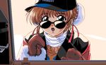  1girl 4bpp car double_bun game_cg hair_buns hat motor_vehicle oldschool outdoors pc98 solo sunglasses taxi_genmutan vehicle 