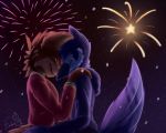 avian bird blue_jay canine clothing corvid duo ember_(artist) fireworks hoodie invalid_color jackal mammal night outside piercing smile snow sweater 