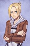  annie_leonhardt bad_id bad_pixiv_id blonde_hair blue_eyes crossed_arms emblem expressionless highres insignia paradis_military_uniform ponytail shingeki_no_kyojin short_hair solo strap toro_(6636) training_corps_(emblem) uniform 