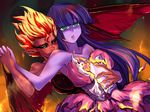  blue_eyes breasts burnt_clothes burnt_clothing cleavage clothed clothing demon dress duo equestria_girls equstria_girls female fire green_eyes human hypnosis imminent_rape lesbian mammal mind_control my_little_pony red_skin sunset_shimmer_(eg) twilight_sparkle_(eg) wings 