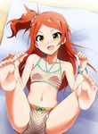  :d barefoot bikini blush bracelet brown_eyes brown_hair feet foreshortening hair_ornament idolmaster idolmaster_million_live! jewelry kaiga legs_up long_hair lying navel on_back one_side_up oogami_tamaki open_mouth shiny shiny_skin shorts smile soles solo striped striped_bikini swimsuit tankini toes 